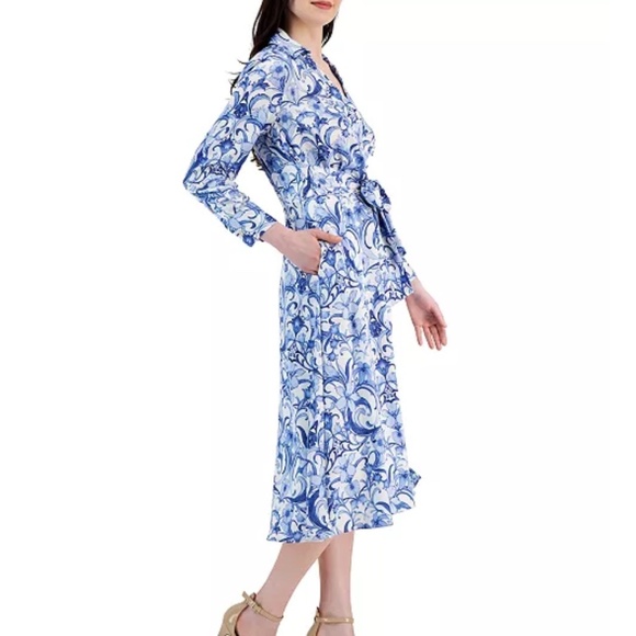 NWT Tahari Petite Hammered Satin Shirt Dress Faux Wrap Styling Long Sleeve Midi - Picture 5 of 16